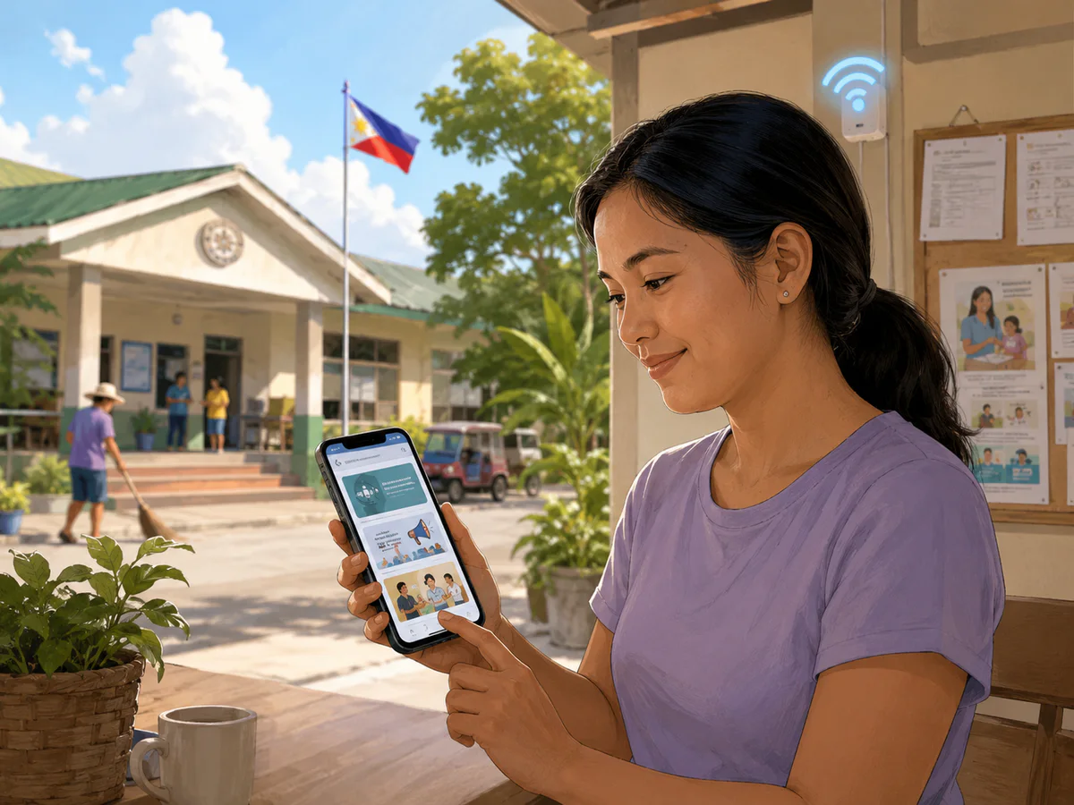 A citizen using a local PBB network for announcements and community services near a barangay hall