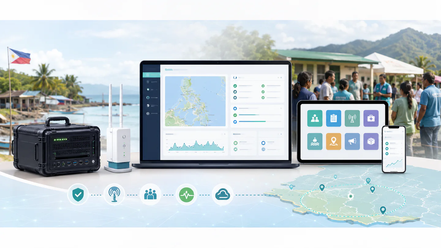 PBB pilot readiness visual with a local node, dashboard, map, and service modules