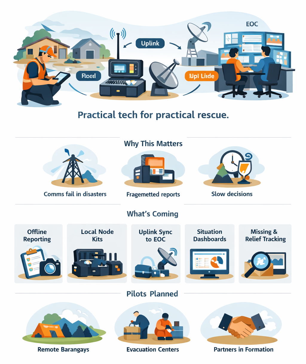 Preview graphic showing field reporting to a local node, uplink synchronization, and EOC dashboards, with modules for offline reporting, local node kits, dashboards, and pilot contexts.
